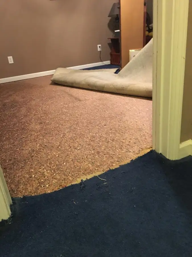 Carpet pad removal revealing water damage during Water Mitigation Services in Columbiana